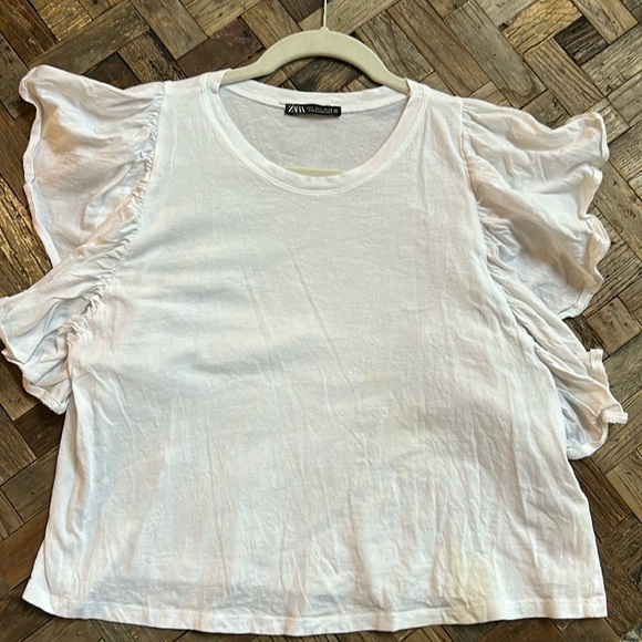 Zara White Cropped Flutter Sleeve Cotton TShirt Size Large - Picture 1 of 5